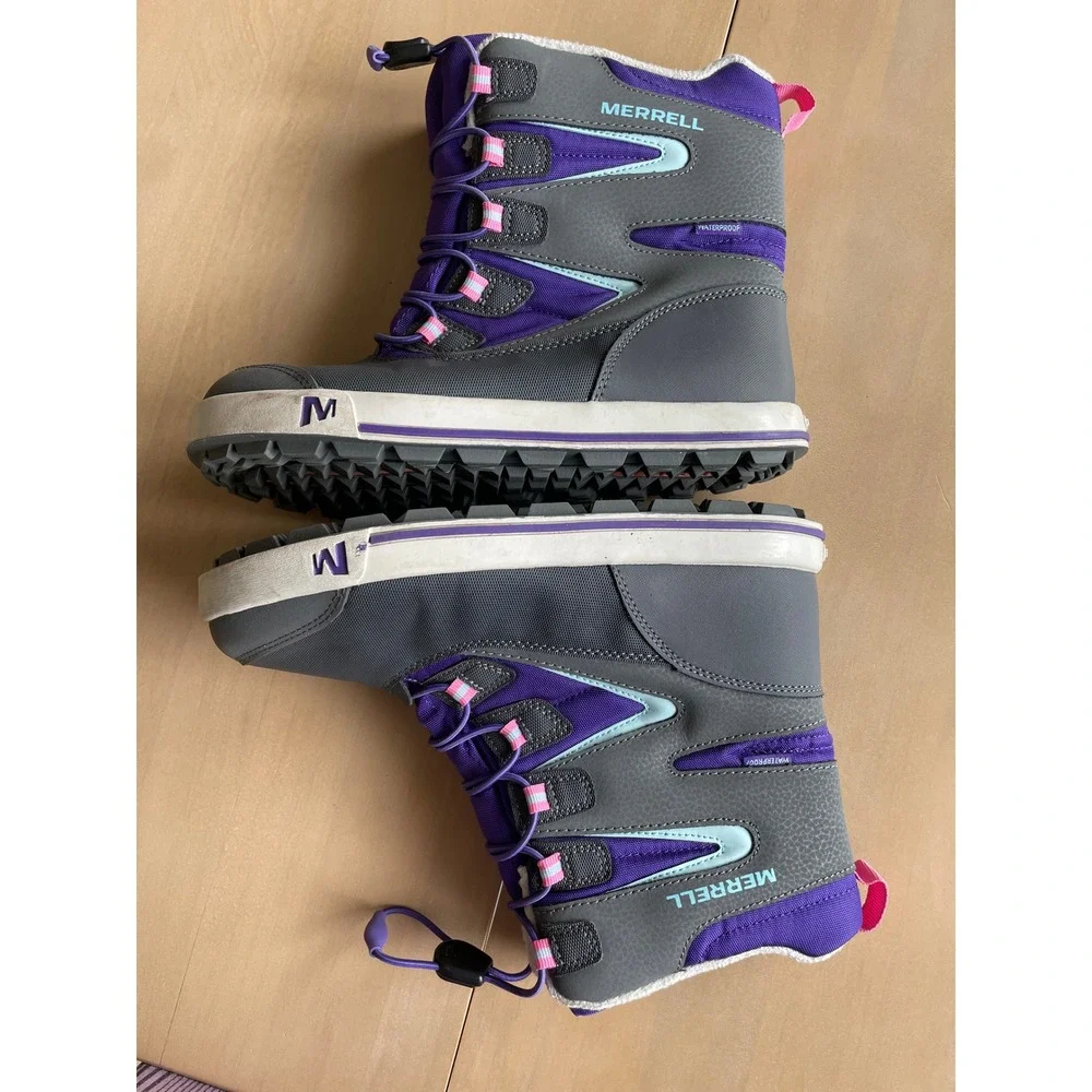 Merrell Snow Bank Waterproof Insulated Winter Boots Gray Purple Kid's US 5